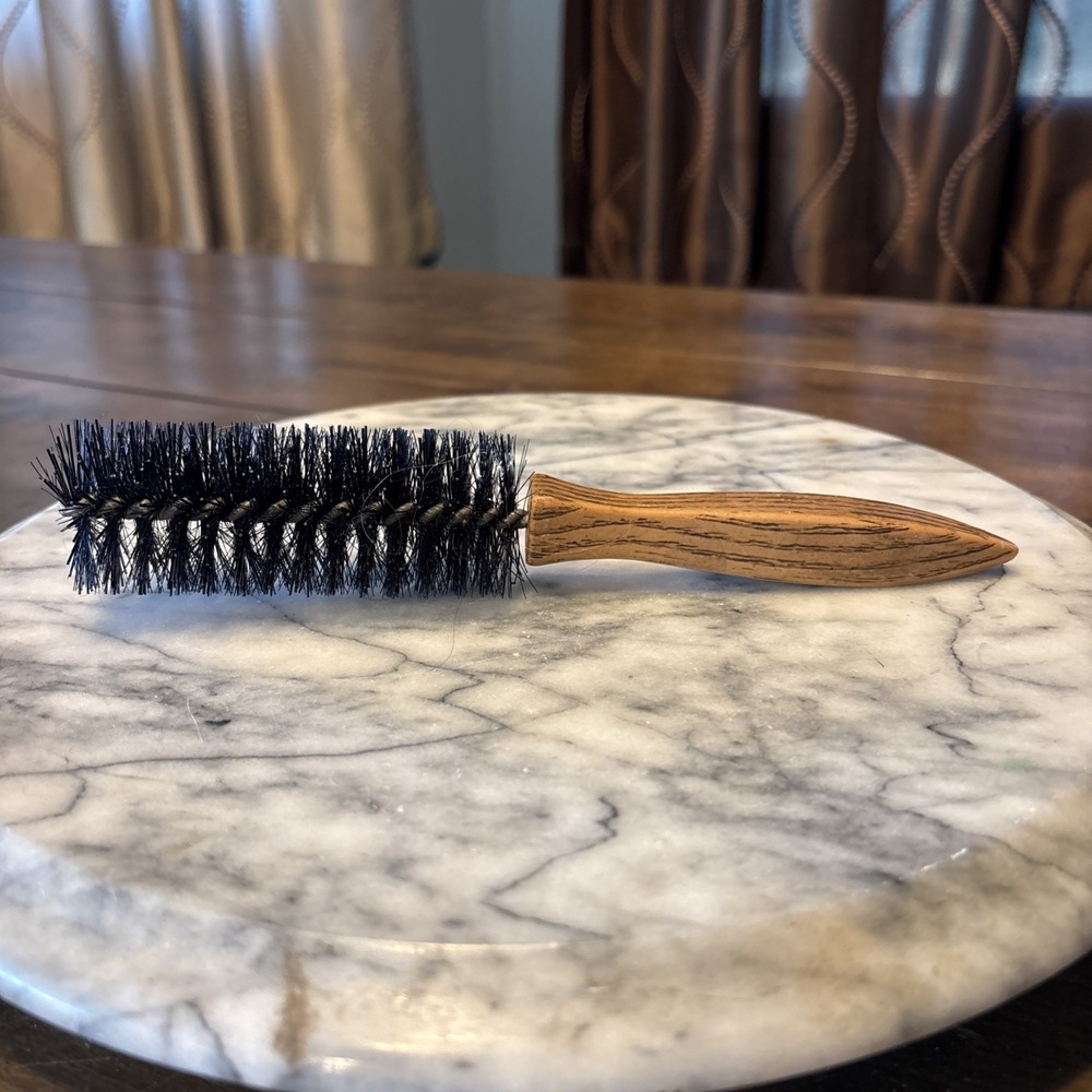 VTG Faux Wooden Wood Handle Black Bristles Wire Round Blowout Hair Brush 8.5"